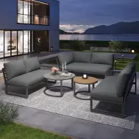 HAUSS SPOLE Loungeset 6 7 Personen - Hoekbank Met 2 Tafels - Verstelbare Poten - Metaal En Polyester - Grijs
