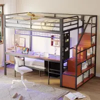 HAUSS SPOLE Hoogslaper 140x200 cm - Met Onderbed 90x200, Bureau Met LED En Stopcontacten, Opbergruimte En Stoffen Lades - Metaal - Zwart - Zonder matras