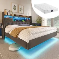 HAUSS SPOLE Gestoffeerd Bed 140x200cm - Zwevend Effect Met Led Sfeerverlichting En Oplaadstation - Met Opbergruimte Hoofdbord En Lattenbodem - Met Matras - Linnen - Grijs