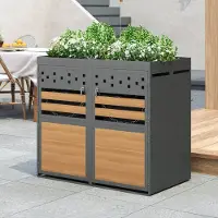 HAUSS SPOLE Afvalcontainerombouw Afsluitbaar – Set Van 2 – Voor 120 Tot 240 Liter – Verzinkt Metaal – Grijs – Met Plantendak