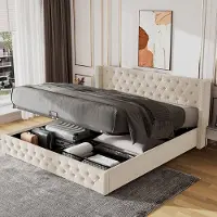 HAUSS SPOLE Gestoffeerd Bed 140x190 cm - Chesterfield Hoofdeinde Met Knopen En Dubbele Nieten - Hydraulische Opbergruimte - Fluweel - Beige - Zonder matras