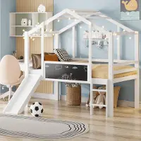 HAUSS SPOLE Kinderhoogslaper 90x200 cm - Huisframe Met Glijbaan en Schoolbordpaneel - Speelhuis Ontwerp - Massief Hout - Wit - Zonder matras