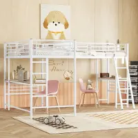 HAUSS SPOLE Hoogslaper 90x200cm - Met Bureau Onder Het Bed En Dubbele Trap - Hoog Veiligheidshek - Zonder Matras - Metaal En MDF - Wit