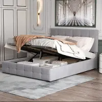 HAUSS SPOLE Gestoffeerd Bed 140x200cm - Met Hydraulische Opbergruimte - Verstelbaar Hoofdbord - Met Metalen Lattenbodem - Zonder Matras - Fluweel - Grijs