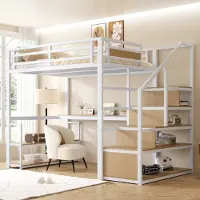 HAUSS SPOLE Hoogslaper 140x200cm - Hoogbed met Veiligheidshekje en Gespleten Paneel - met Bureau en Planken voor Werk en Opberging - Metaal - Wit - zonder matras