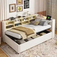HAUSS SPOLE Gestoffeerd Bed 90x200 cm - Met Gepolsterd Hoofdeinde Met Nachtlicht en USB/Type-C Oplaadpunten - Hydraulische Opbergruimte Met Zijvakken - Velvet - Zonder matras - Beige