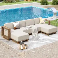 Laura Rotan Tuinmeubelset 6 Personen Modulair Loungeset met Dikke Kussens Beige – Weerbestendige Outdoor Hoekbank voor Tuin, Terras & Balkon – Ergonomisch Design –