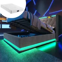 HAUSS SPOLE Gestoffeerd Bed 140x200 cm - Tweepersoonsbed Met 360° LED En USB-C Laadpunt - Hydraulische Opbergruimte - Linnen - Grijs - Met matras