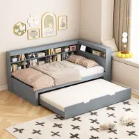 HAUSS SPOLE Massief Houten Bed 90x200cm - Uitschuifbaar 90x190cm met USB en Veel Opbergruimte - Geschikt voor Kleine Ruimtes - Massief Hout - Grijs - zonder matras