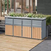 HAUSS SPOLE Afvalbakombouw – Afsluitbaar Met Plantenbak – 4 Vakken – Staal – Grijs Houtlook – Voor Tuin En Buitenruimte