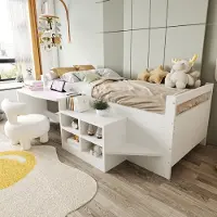 HAUSS SPOLE Kinderbed 90x200cm - Bed Met Schrijftafel En Opbergruimte - 2x USB En Stopcontact - Eenvoudige Toegang Met Traptrede - Hout - Wit - Zonder matras