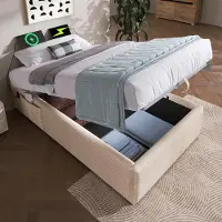 HAUSS SPOLE Gestoffeerd Bed 90x190cm - Eenpersoonsbed - Zonder Matras - Hydraulische Opbergruimte en Massief Houten Bodem - USB-C - Linnen - Beige+Lichtbruin