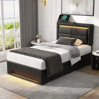 HAUSS SPOLE Gestoffeerd Bed 90x200 cm - Eenpersoonsbed Met USB-Oplader En 4 Lades - PU - Zwart
