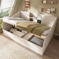 HAUSS SPOLE Tagesbed 140x190cm - Zonder Matras - Bed Met Hydraulische Opbergruimte En Hoofdbord Met Oplaadstation En Planken - Hout - Wit