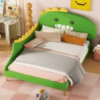 HAUSS SPOLE Kinderbed 140x200 cm - Dinosaurus Hoofdeinde - 12 Lattenrooster, 220 kg Belastbaar - Voor Kinderkamer En Speelruimte - PU/MDF - Groen - Zonder matras