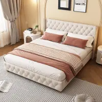 HAUSS SPOLE Gestoffeerd Bed 180x200cm - Knopdetails En Siernieten - Met 12 Lattenbodems En Versterkte Houten Poten - Linnen - Beige - Zonder matras