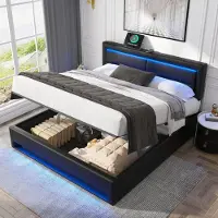 HAUSS SPOLE Gestoffeerd Bed 140x190cm - Met USB Oplaadpunt En LED Sfeerverlichting - Met Opbergruimte - PU Lychee - Zwart - Zonder matras