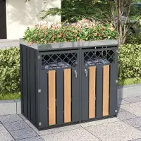 HAUSS SPOLE M眉lltonnenberging Met Plantbak - Afsluitbaar Met 2 Deuren - Ventilatie Met Ruitpatroon - Verzinkt Staal - Grijs Houtlook