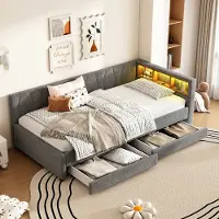 HAUSS SPOLE Dagbed 90x200cm - Eenpersoonsbed Met USB-C En Verstelbare LED-Sfeerverlichting - Met 2 Laden En Opbergvakken - Linnen - Zonder matras - Grijs