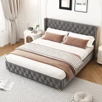 HAUSS SPOLE Gestoffeerd Bed 180x200cm - Knopgestoffering En Nietenaccenten - Met Lattenbodem (12 Latten) - Stevige Houten Poten - Fluweel - Grijs - Zonder matras