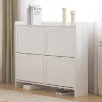 HAUSS SPOLE Schoenenkast – Gebogen Design Met 4 Klapvakken En Uittrekbaar Vak – Ruime Opbergruimte Met Verstelbare Planken – Spaanplaat – 110x24x90 cm – Wit
