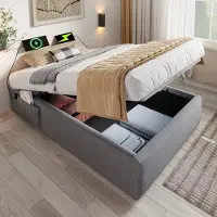 HAUSS SPOLE Gestoffeerd Bed 90x190 cm - Eenpersoonsbed Met Hydraulische Opbergruimte - USB-C Oplaadpoort - Katoen-Linnen - Grijs - Zonder matras