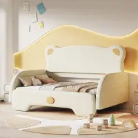 HAUSS SPOLE Gestoffeerd Bed 140x200 Cm - Dubbelbed In Berenvorm Met Uittrekbed - Met Zachte Beschermranden En Lattenbodem - Met Matras - Fluweel - Beige