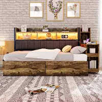 HAUSS SPOLE Metalen Bed 90x200 cm - Multifunctioneel met Opbergruimte en Uittrekbaar Bureau - met Stopcontact - Metaal & Hout - Houtkleur - Zonder matras