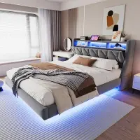 HAUSS SPOLE Gestoffeerd Bed 180x200 cm - Omklapbaar Hoofdeinde met USB en Stopcontact - LED Sfeerverlichting - Fluweel - Grijs - Zonder matras