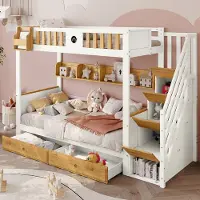 HAUSS SPOLE Stapelbedden voor kinderen - 90x200 - Kinderstapelbed met Trap en 4 Opbergkasten - Grenen - Wit