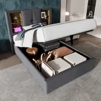 HAUSS SPOLE Gestoffeerd Bed 90x200 cm - Eenpersoonsbed Met Opbergruimte En USB-C Oplaadfunctie - Hydraulisch Opbergbed - Katoen - Grijs - Zonder Matras
