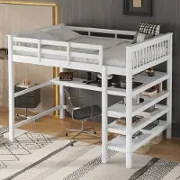 HAUSS SPOLE Hoogslaper 140x200 cm - Kinderhoogslaper met geïntegreerd bureau en opbergrekken - Met stevige leuning - Grenenhout en MDF - Wit - Zonder matras