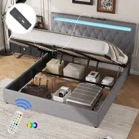 HAUSS SPOLE Gestoffeerd Bed 180x200cm - Met Led Sfeerverlichting En Usb Oplaadpoort - Met Hydraulische Opbergruimte - Zonder Matras - Linnen - Grijs