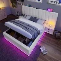 HAUSS SPOLE Gestoffeerd Bed 160x200 cm - Tweepersoonsbed Met LED Verlichting En USB C-Type Oplaadfunctie - Inclusief Lattenbodem - Opbergbed Met Stauraum - Metaal - Wit