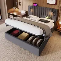HAUSS SPOLE Gestoffeerd bed 160x200cm – Tweepersoonsbed met verstelbaar hoofdeinde en LED leeslamp – Met opbergruimte – Katoen/Linnen – Grijs – Zonder matras