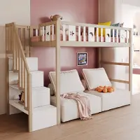 HAUSS SPOLE Kinderhoogbed 90x200cm - Met Opbergtreden En Veiligheidshekken - Met Ster En Maan Details - Speel En Leeshoek Onder - Met matras Zonder matras - Massief Hout - Wit Naturel