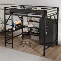 HAUSS SPOLE Hoogslaper 140x200cm - Met Bureau En Dubbele Opbergruimte - Met Kledingkast En Opbergplank - Zonder Matras - Metaal En MDF - Zwart