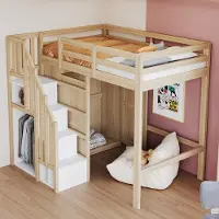 HAUSS SPOLE Hoogslaper 90x200cm - Eenpersoonsbed met Ingebouwde Kledingkast - Trap met Opbergruimte en Kleerhanger - Hout - Natuurlijk - zonder matras
