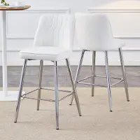 HAUSS SPOLE Barkruk 100 Cm - Set Van 2 - Met Rugleuning En Voetsteun - Voor Keukeneiland En Thuisbar - Pu Leer Metaal - Wit Zilver
