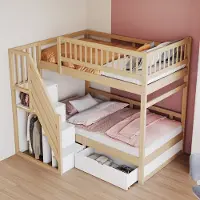 HAUSS SPOLE Stapelbed 90x200cm - Met Opbergtrap En Opberglades - Met Lattenbodems - Hoge Veiligheidshekken - Zonder matras - Massief Hout - Wit Naturel