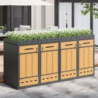 HAUSS SPOLE Mülltonnenbox 4 Vakken Voor 120 Tot 240 L - Plantbak Deksel Met Afwatering - Met Sleutel, Kettingen En Ventilatie - Staal - Grijs Hout