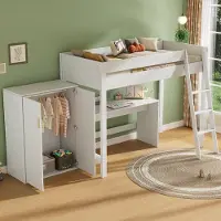 HAUSS SPOLE Halfhoogslaper 90x200 cm - Met Bureau En Verplaatsbare Kledingkast - Met Ladder En Uitvalbeveiliging - Zonder Matras - Massief Hout - Wit