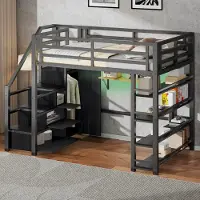 HAUSS SPOLE Hoogslaper 140x200cm - Zonder Matras - Met Ledverlichting En Kledingkast - Met Opbergtrap En Boekenrek - Metaal En MDF - Zwart
