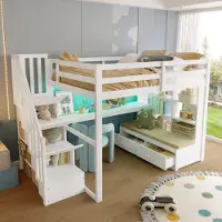 HAUSS SPOLE Hoogslaper 140x200cm - Met Bureau En Regalen En Opbergtrap En Twee Lades - Met Led Hoofdbord - Zonder Matras - Hout - Wit