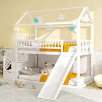 HAUSS SPOLE Kinderhoogslaper 90x200 cm - Met Glijbaan en Opbergtrap - Hoge Beschermhekken en Schuine Lattenbodem - Hout/Metaal - Wit - Zonder matras