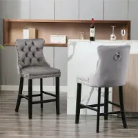 HAUSS SPOLE Barkruk – Fluwelen Bekleding Met Knopen – Set Van 2 – Hoge Rugleuning Met Siernagels – Voor Eetkamer En Woonruimte – Fluweel Grijs