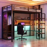 HAUSS SPOLE Metalen Hoogslaper 90x200cm - Met Kledingkast En Bureau Met Ophangbord - Met Meer kleurige Led Verlichting En Opbergrek - Zonder Matras - MDF En Metaal - Zwart