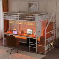 HAUSS SPOLE Hoogslaper 140x200cm - Met Bureau Met Ledverlichting En Stopcontacten - Met Onderbed 90x200cm En Opbergruimte - Zonder Matras - Metaal En Hout - Wit