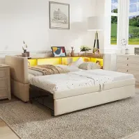 HAUSS SPOLE Gestoffeerde Slaapbank 90/180x190 cm - Uittrekbaar Met LED-Verlichting En Veel Opbergruimte - Flanel - Beige - Zonder matras