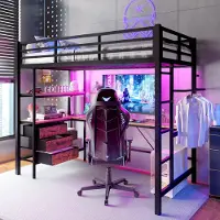 HAUSS SPOLE Hoogslaper 90x200 cm - Met Bureau, Stopcontact En USB - LED Sfeerverlichting - 3 Lades - Metaal & MDF - Zonder matras - Zwart